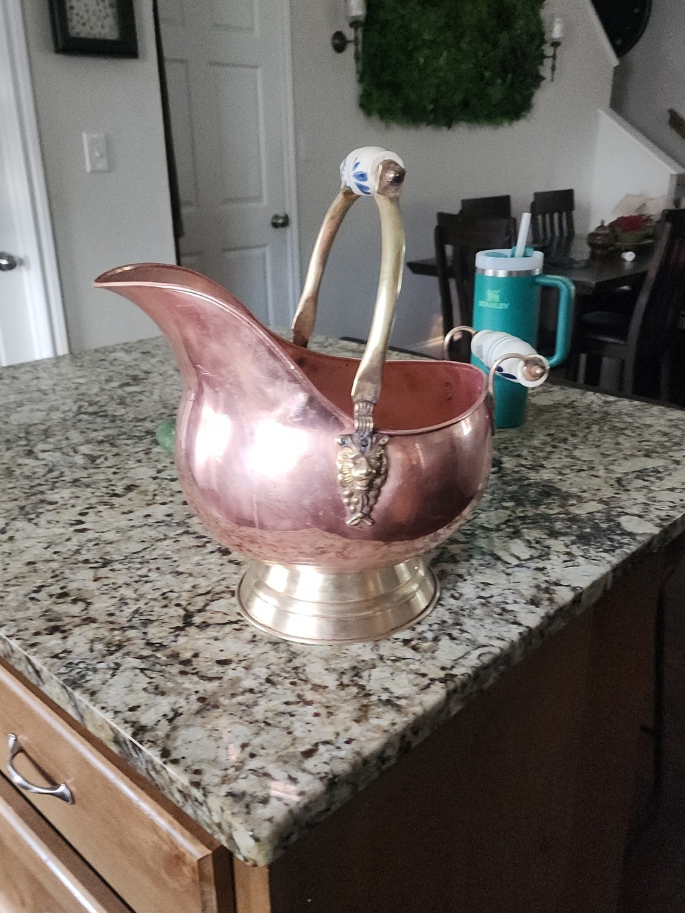 Copper and Brass Decorative Coal Scuttle with Porcelain-Handled Grip